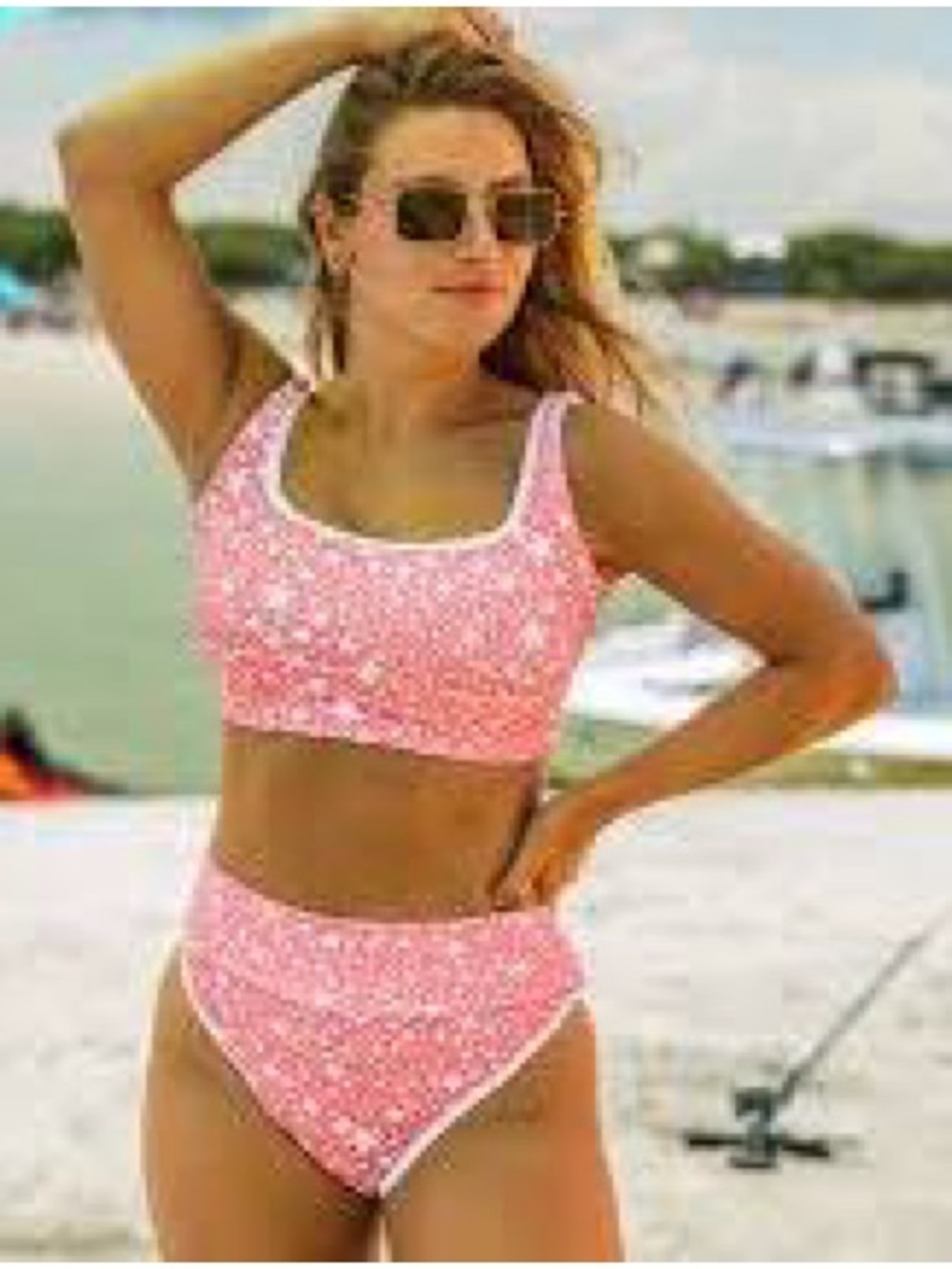 LainSnow Pink Floral Textured High-Waist Bikini Set
